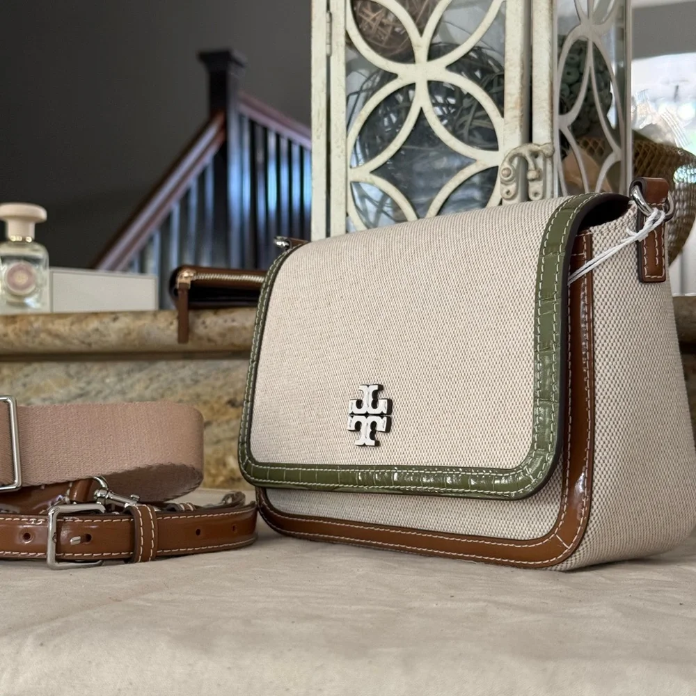 New Tory Burch Thea web flap shoulder bag/crossbody in canvas cream leather trim
